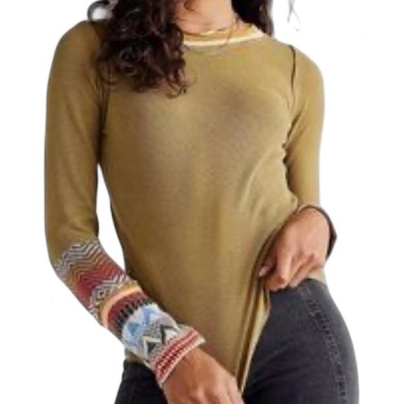 NWT- Free People Alpine Cuff Henley Top |Size M Army Green, & Pattern Details - Picture 1 of 8